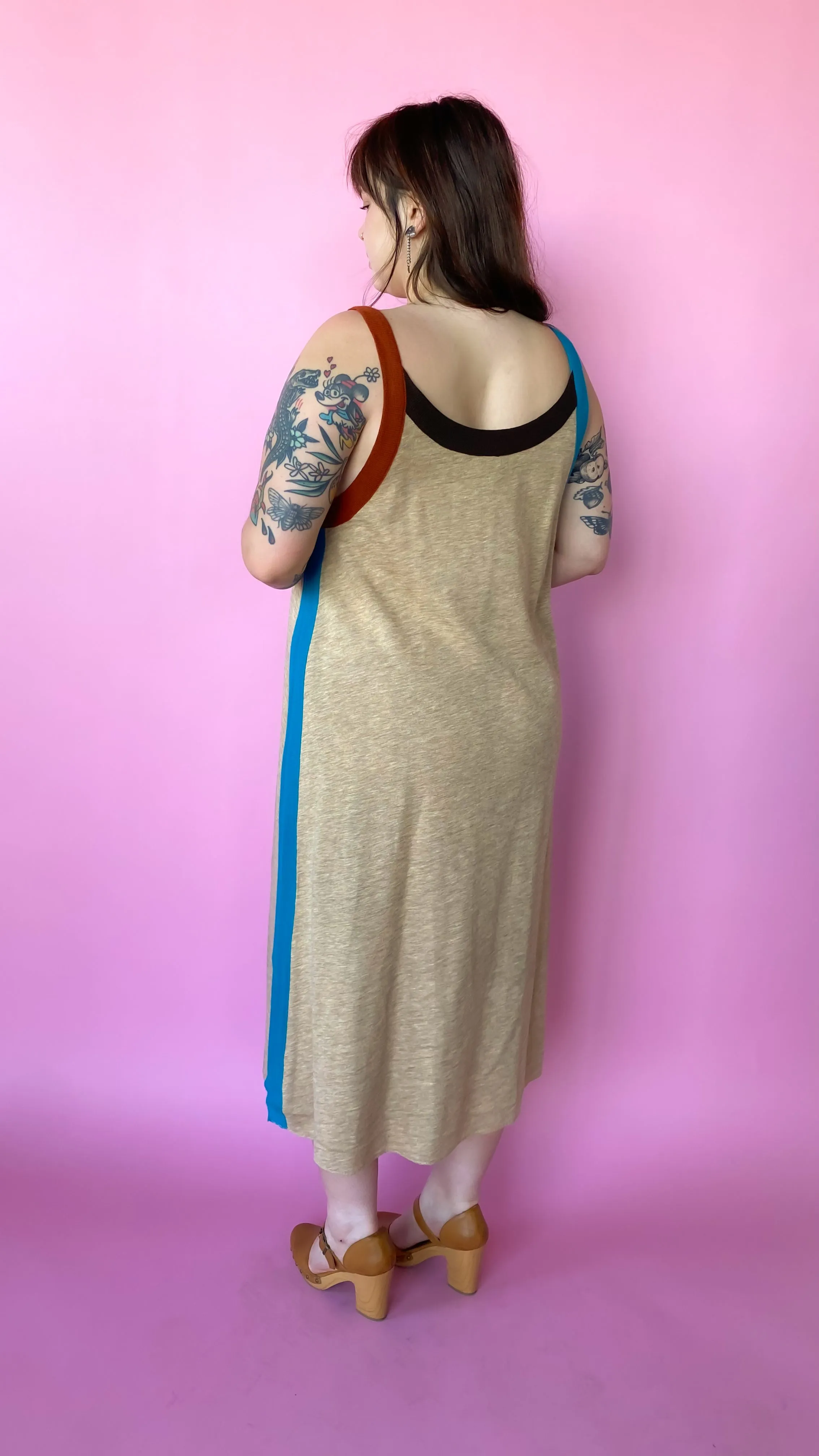 1970s Taupe Knit Colorblock Dress, sz. 2XL/3XL