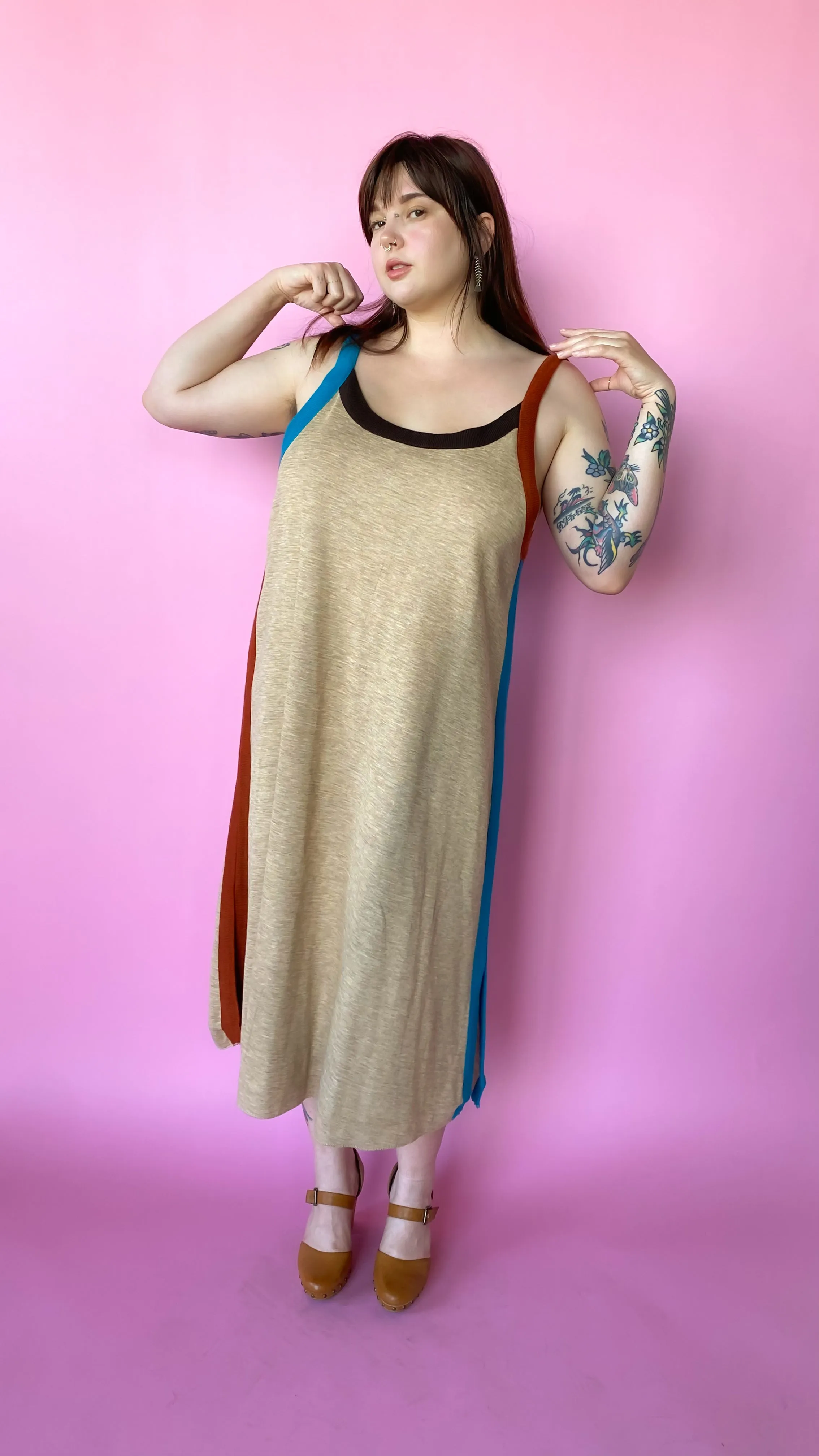 1970s Taupe Knit Colorblock Dress, sz. 2XL/3XL