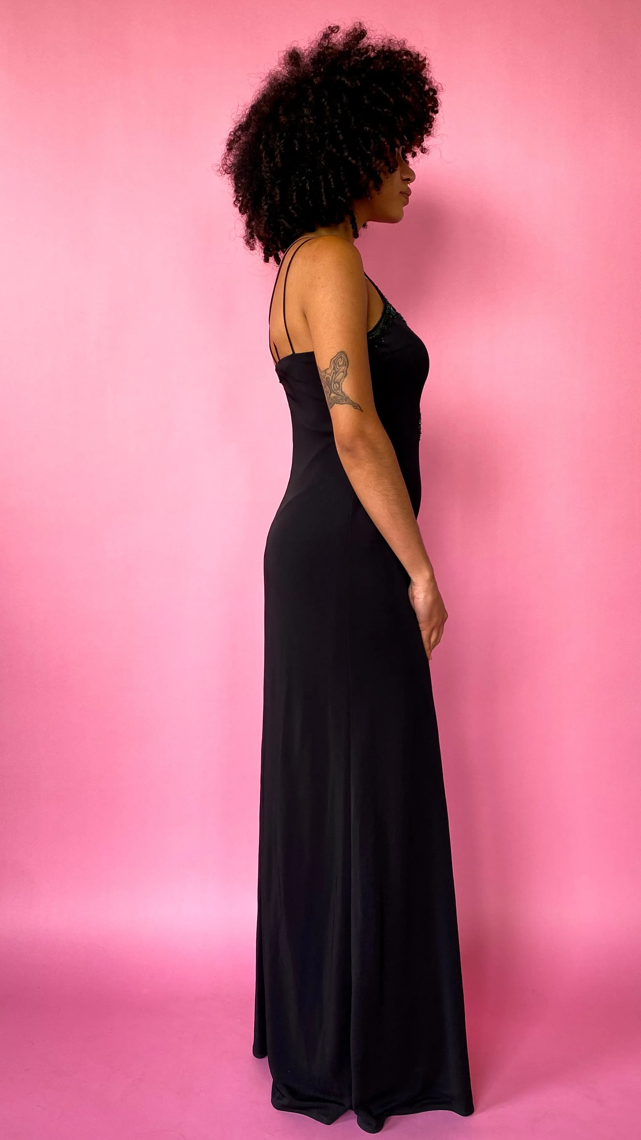 1990s Black and Teal Beaded Maxi Dress, sz. XS-L