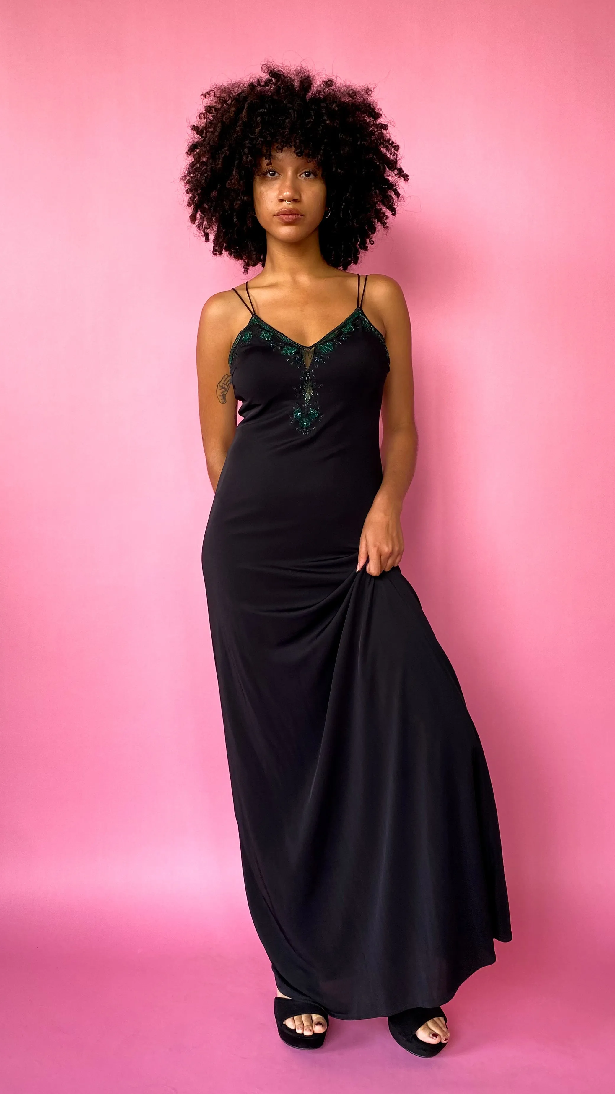 1990s Black and Teal Beaded Maxi Dress, sz. XS-L