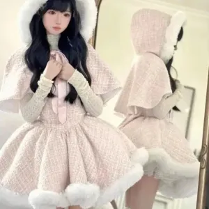 Aiertu - Sparkling Noel in the Icy Kingdom Complete Warm Dress, Hooded Cardigan Sweater Shawl, and Top with Optional Petticoat Skirt Set Kawaii Academia Y2K Cottagecore Coquette Fairycore Dollette Princesscore Bottoms