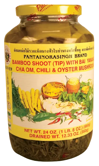 Bamboo Shoot (Tip) with Bai Yanang Cha Om, Chili & Oyster Mushroom