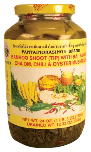 Bamboo Shoot (Tip) with Bai Yanang Cha Om, Chili & Oyster Mushroom