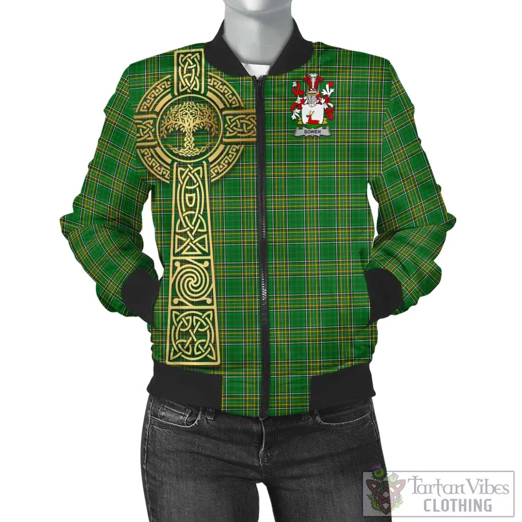 Bowen Irish Clan Tartan Bomber Jacket with Coat of Arms Celtic Tree of Life Style