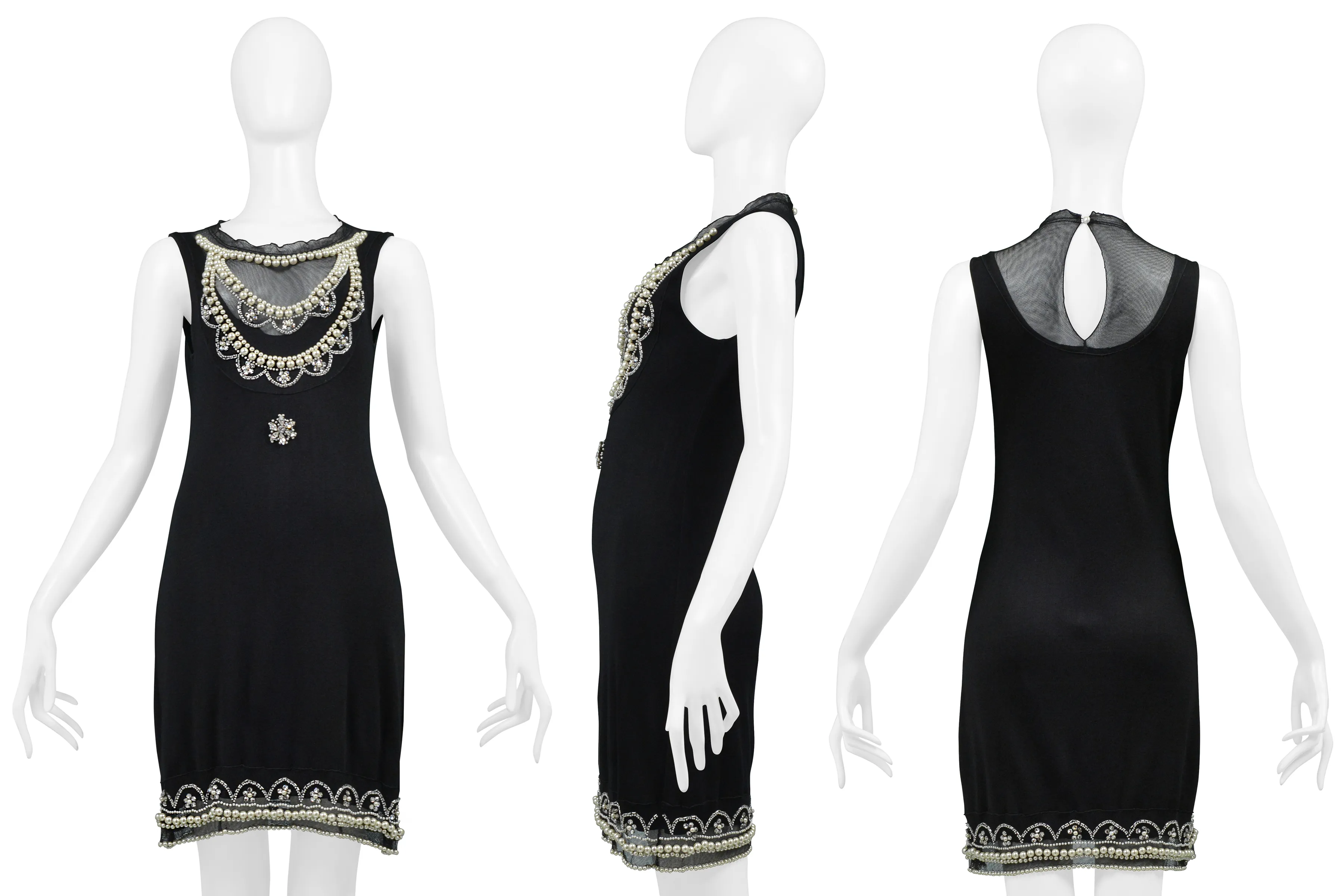 CHRISTIAN DIOR BY JOHN GALLIANO BLACK SILK DRESS WITH PEARLS & CRYSTAL EMBELLISHMENTS