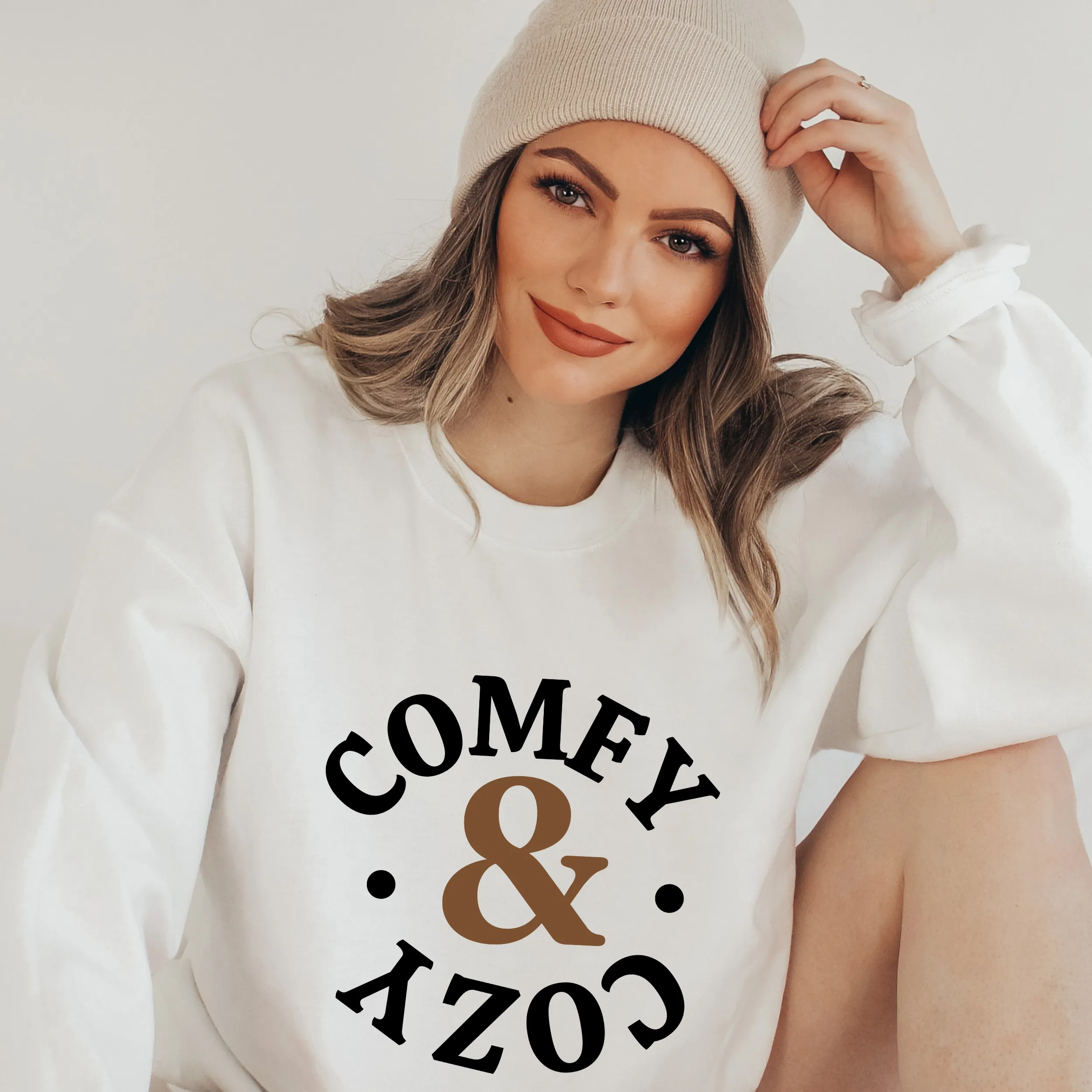 Comfy and Cozy Cute Christmas or Winter Women's Soft, Cozy Crewneck Sweatshirt Comfy & Cozy in Ash or White Warm Pullover