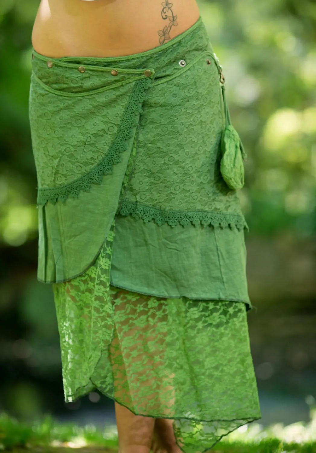 Cotton Crochet Layered Skirt - Green