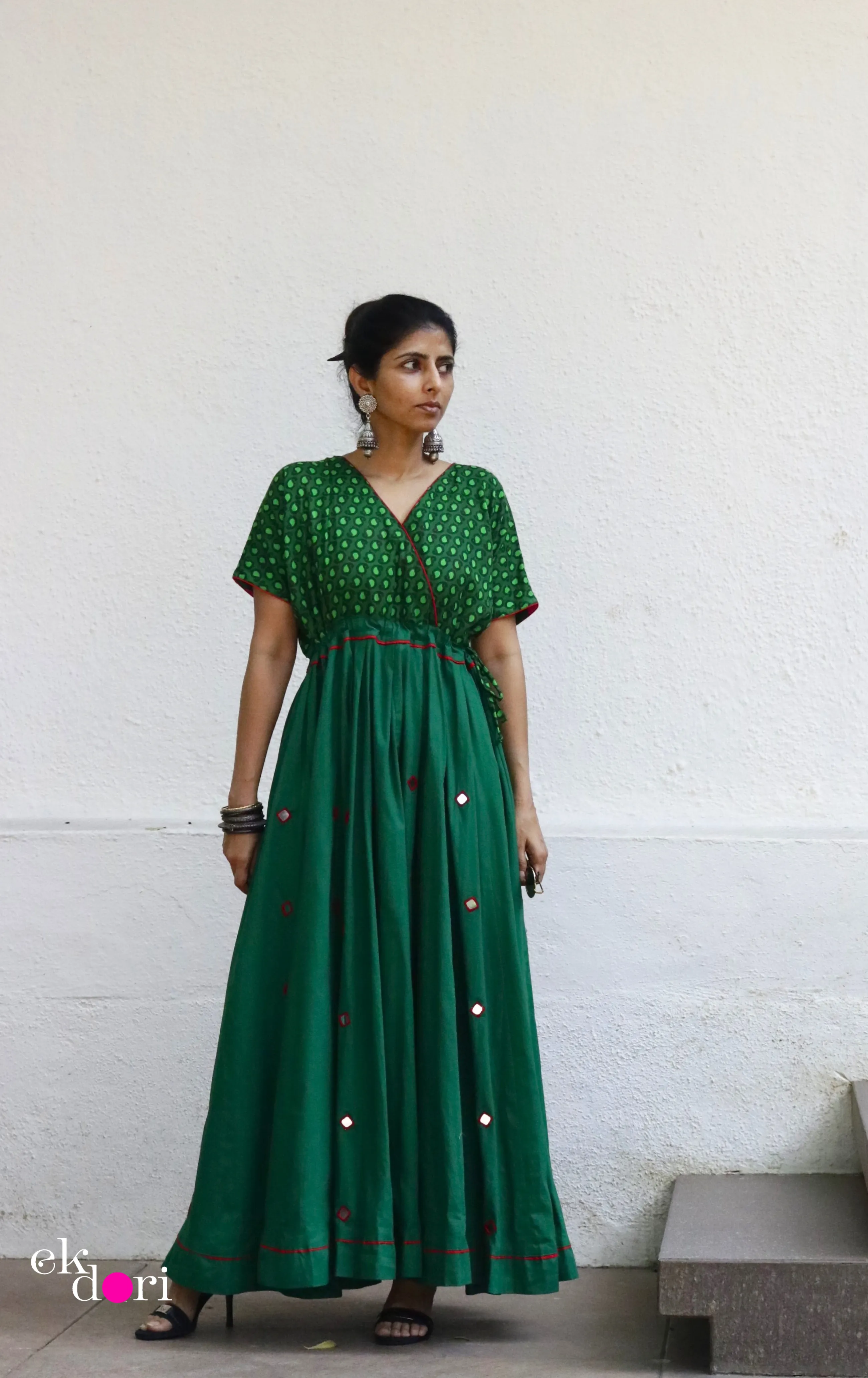'Desi Gulaab' Mirror Work Cotton Anarkali Festive Dress : Festive Navratri Cotton Maxi Dress