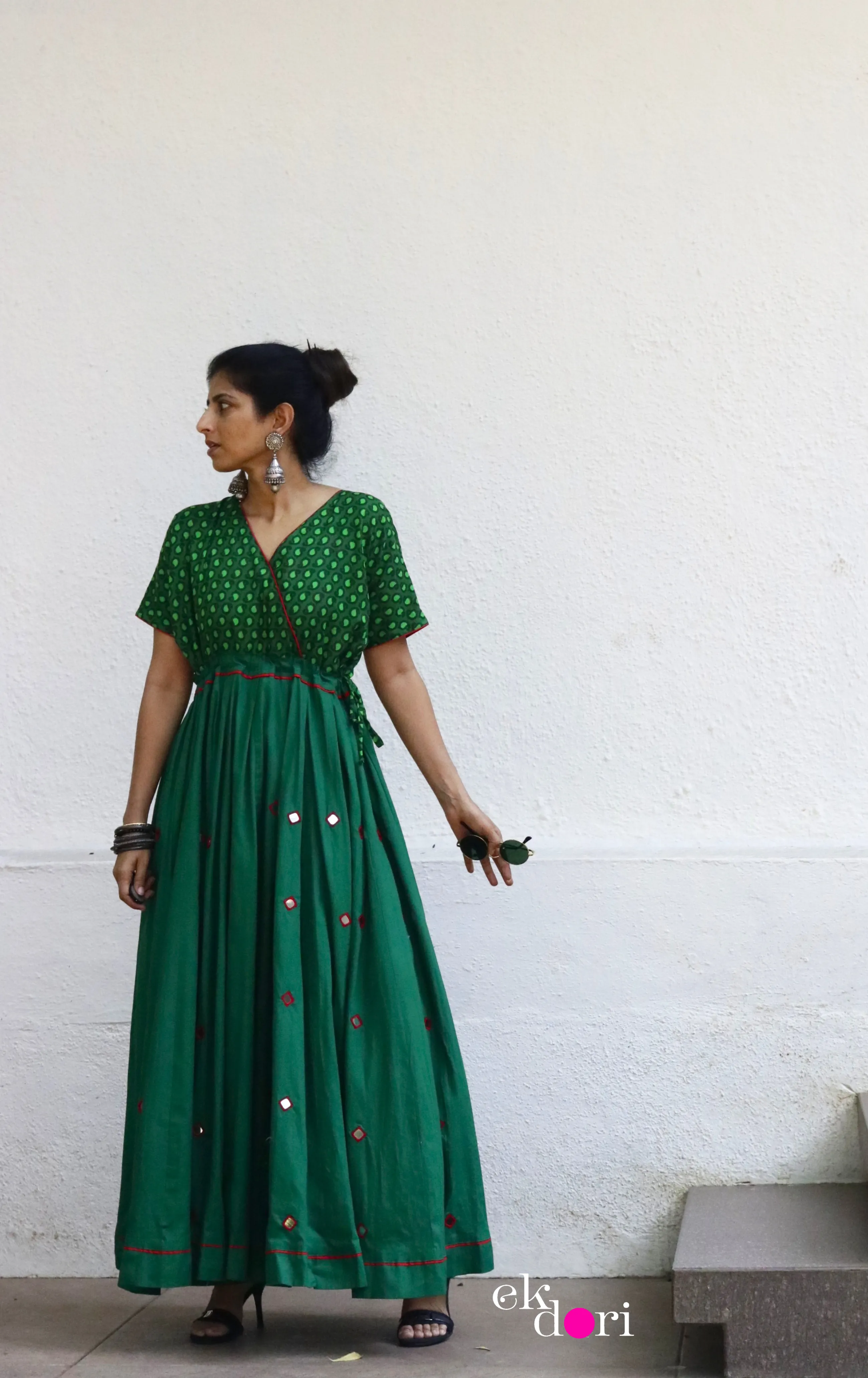 'Desi Gulaab' Mirror Work Cotton Anarkali Festive Dress : Festive Navratri Cotton Maxi Dress