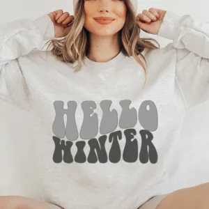 Hello Winter Women's Soft, Cozy Crewneck Sweatshirt Retro Winter Design in Ash or White Christmas Gift for Her Soft Pullover