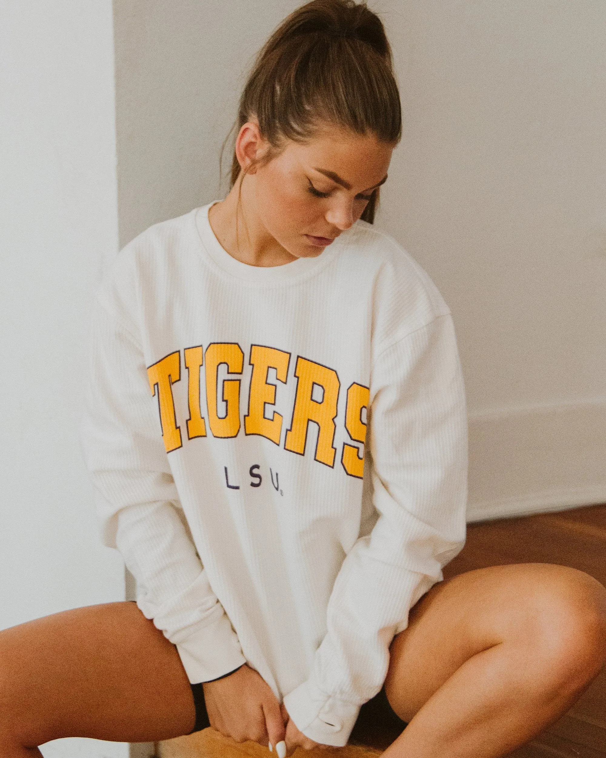 LSU Tigers Filled Gault Ivory Corded Crew Sweatshirt