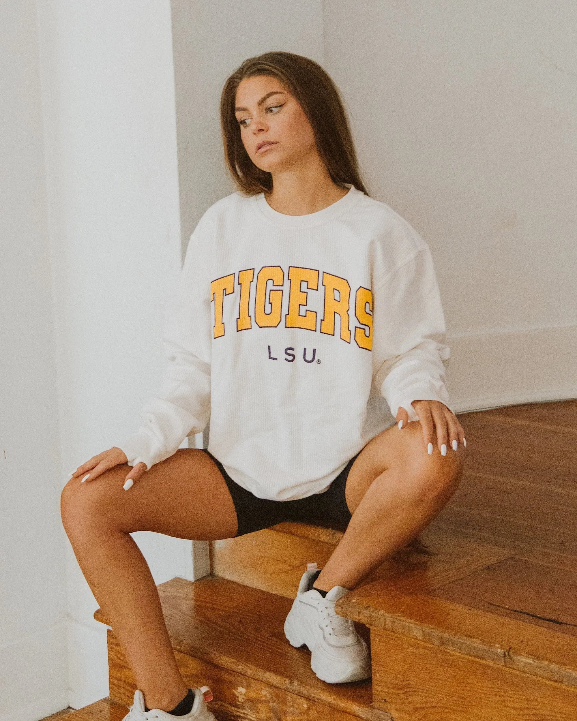 LSU Tigers Filled Gault Ivory Corded Crew Sweatshirt