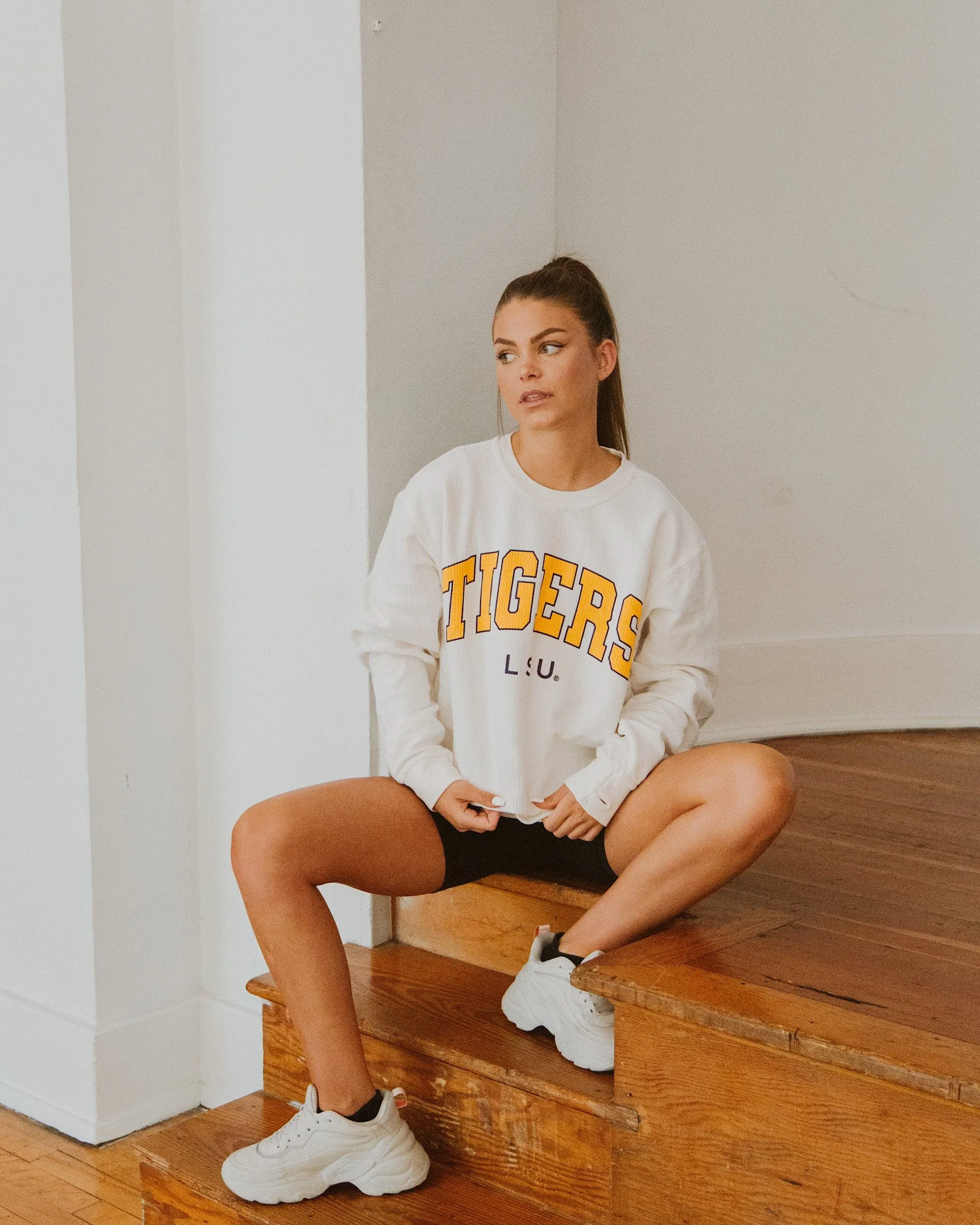 LSU Tigers Filled Gault Ivory Corded Crew Sweatshirt