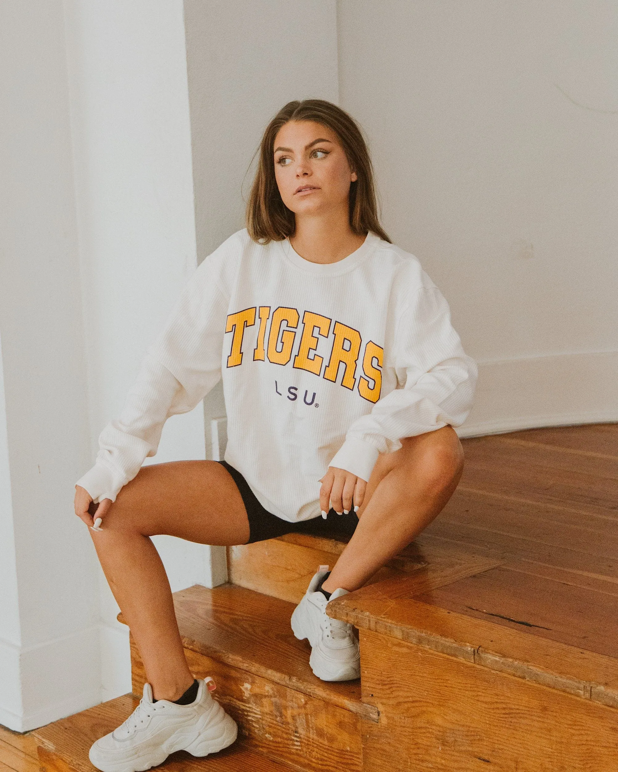 LSU Tigers Filled Gault Ivory Corded Crew Sweatshirt