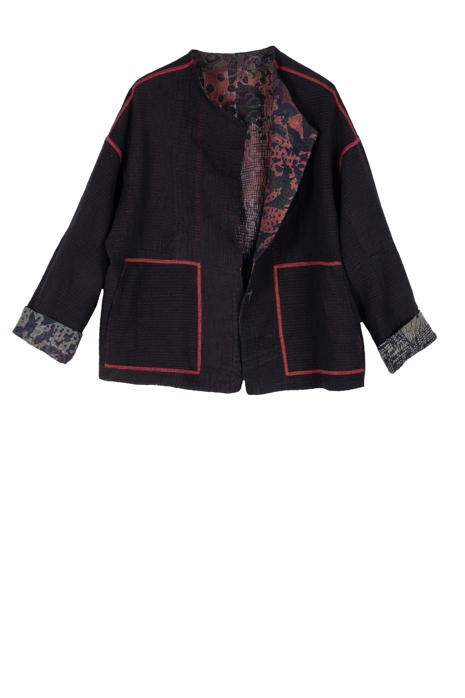 MONOTONE TWILIGHT PRINT KANTHA CREW NECK SHORT JKT - tp4053-red -