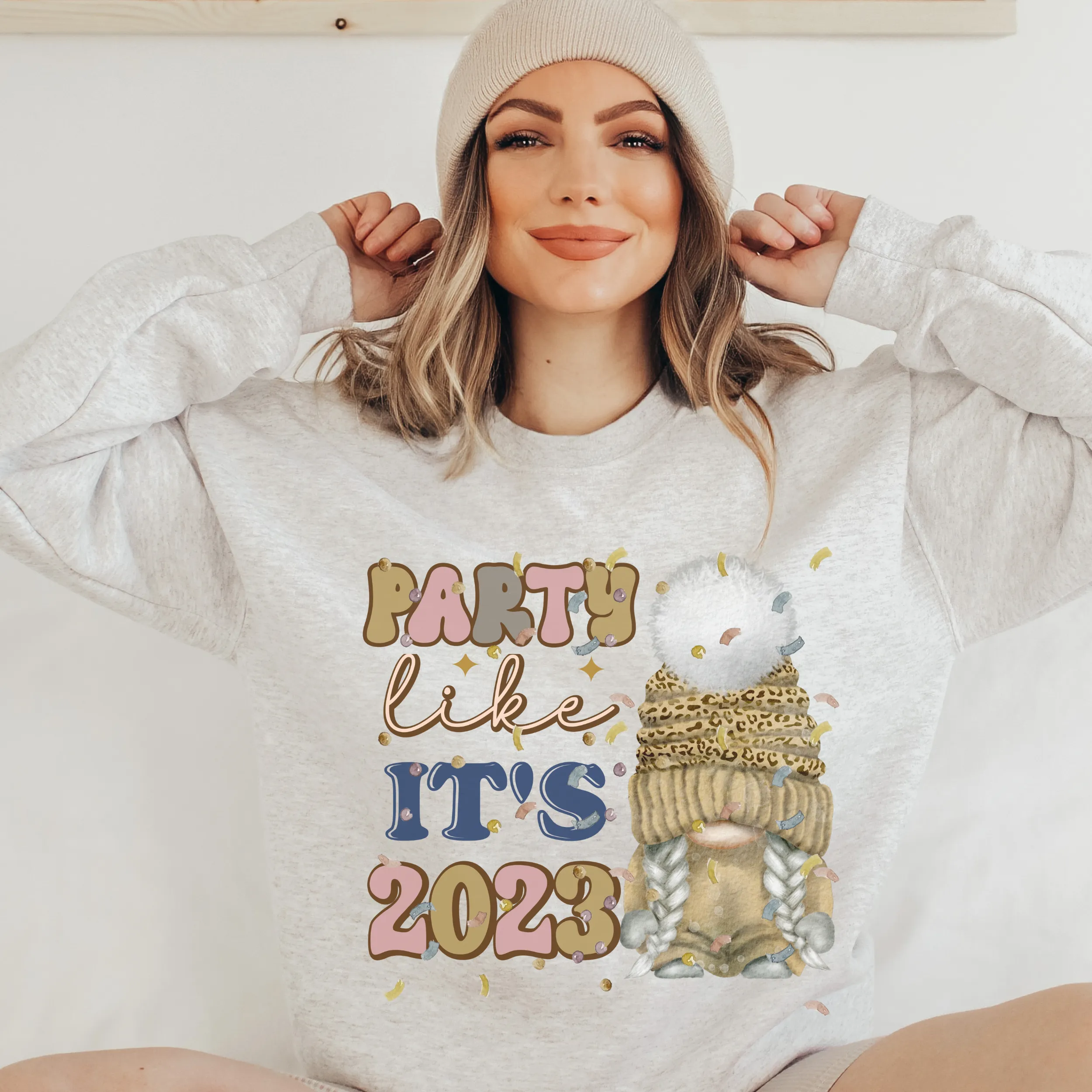 New Year's Party Like It's 2023 Women's Cute Gnome and Confetti Crewneck Sweatshirt in Ash, White or Sand Cozy New Year's Pullover