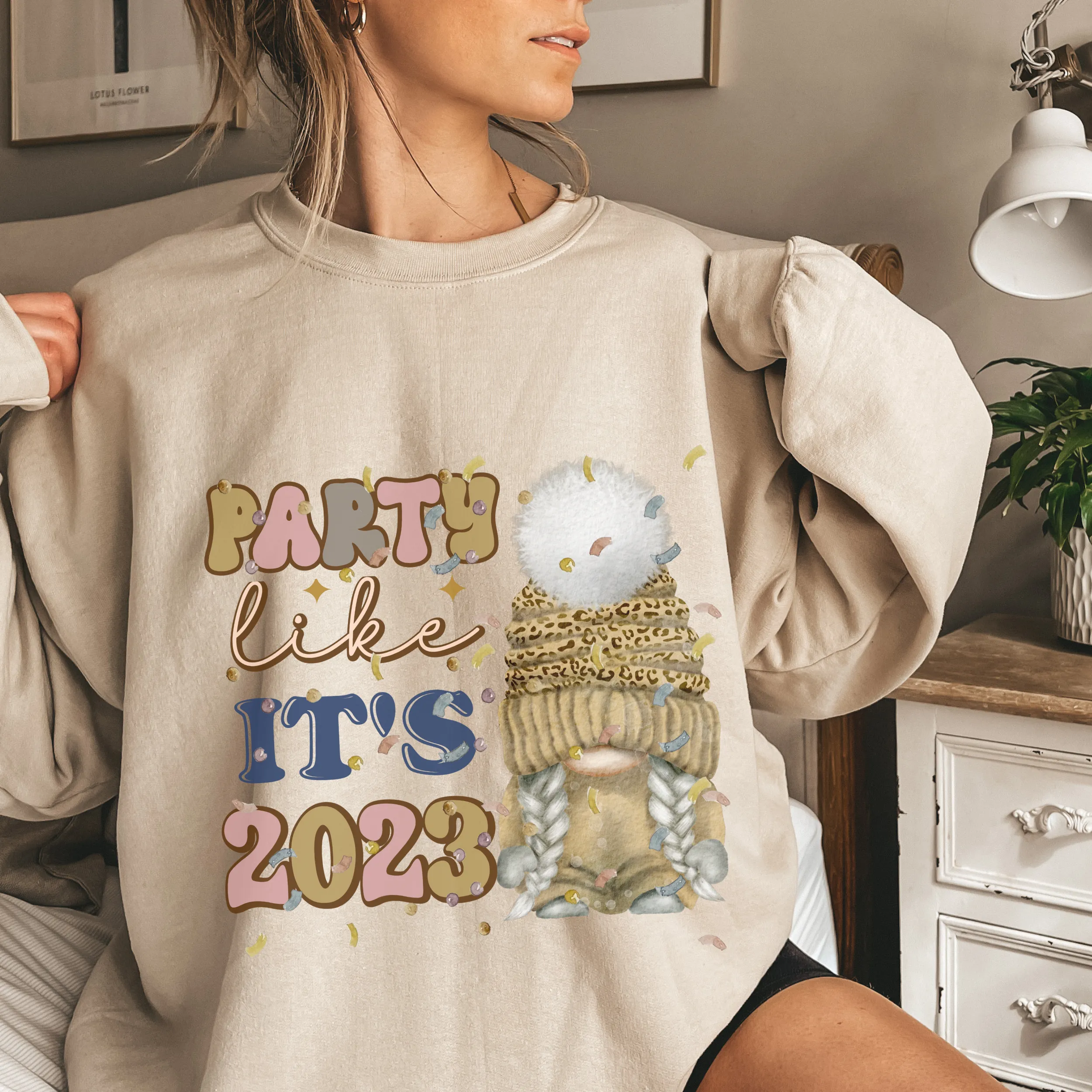 New Year's Party Like It's 2023 Women's Cute Gnome and Confetti Crewneck Sweatshirt in Ash, White or Sand Cozy New Year's Pullover