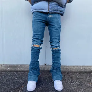 Single-breasted button fashion slim-fit ripped flared denim trousers