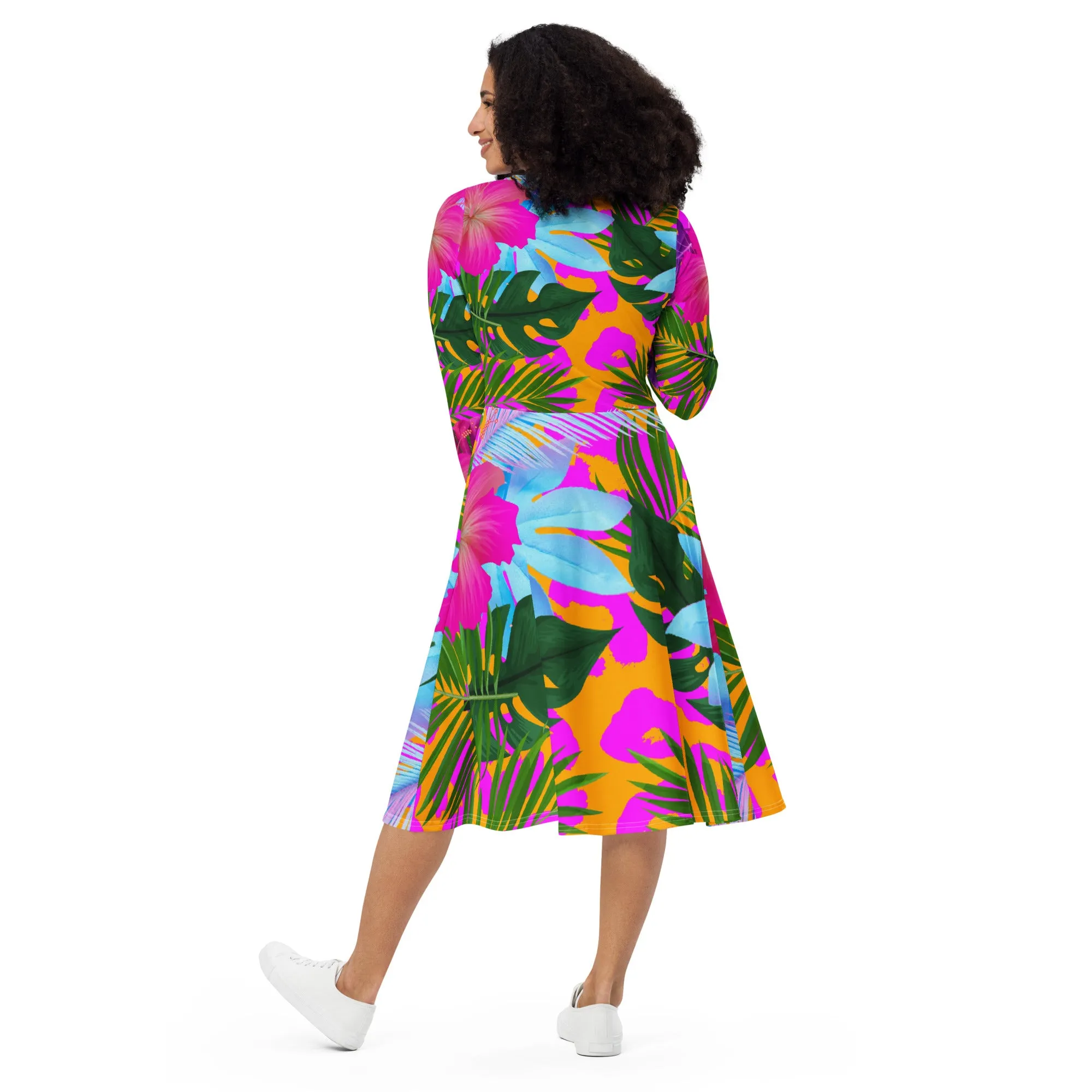 Tropical Floral Long Sleeve Midi Dress