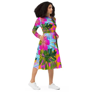 Tropical Floral Long Sleeve Midi Dress