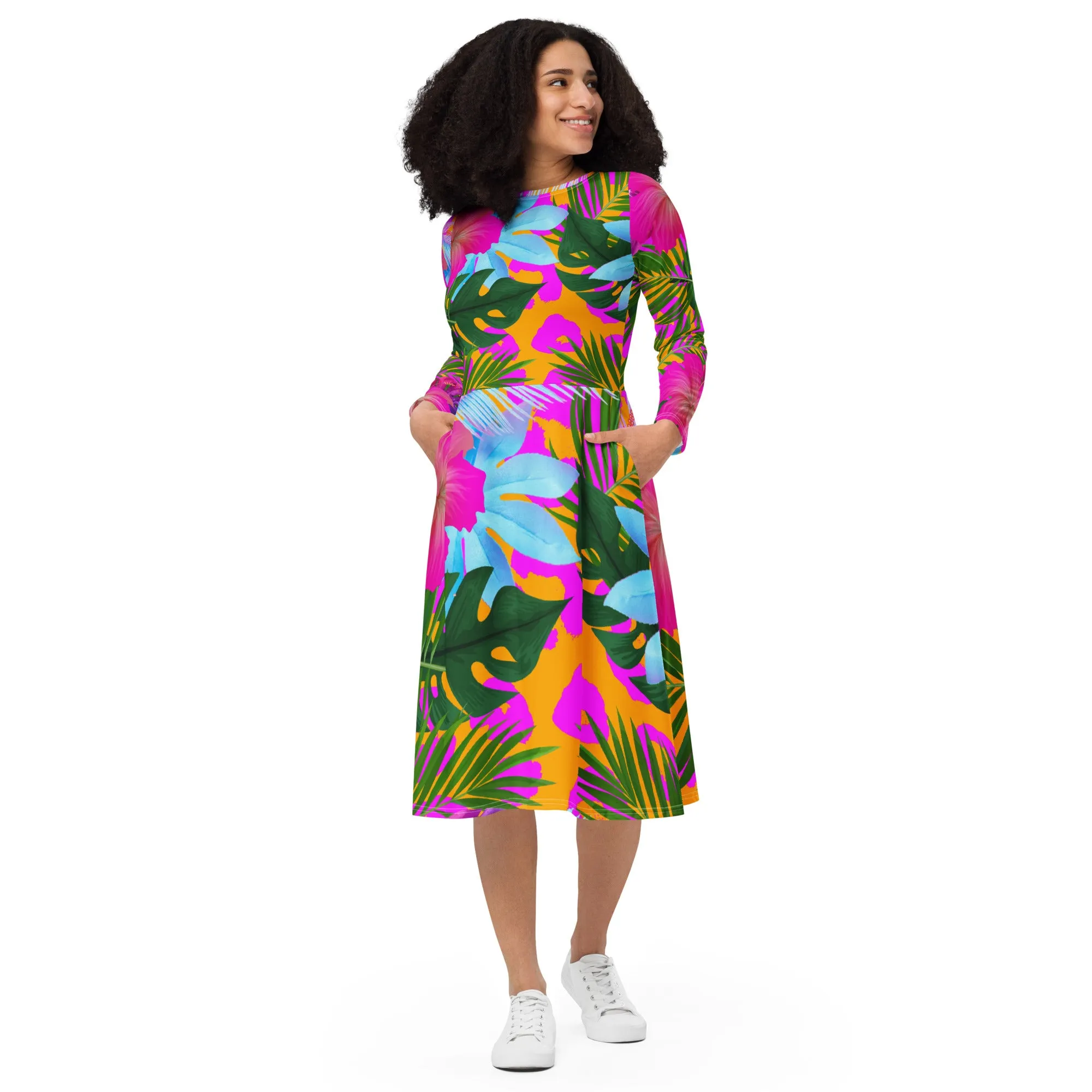 Tropical Floral Long Sleeve Midi Dress