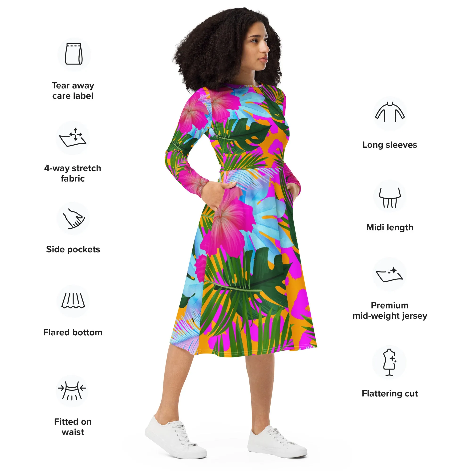 Tropical Floral Long Sleeve Midi Dress