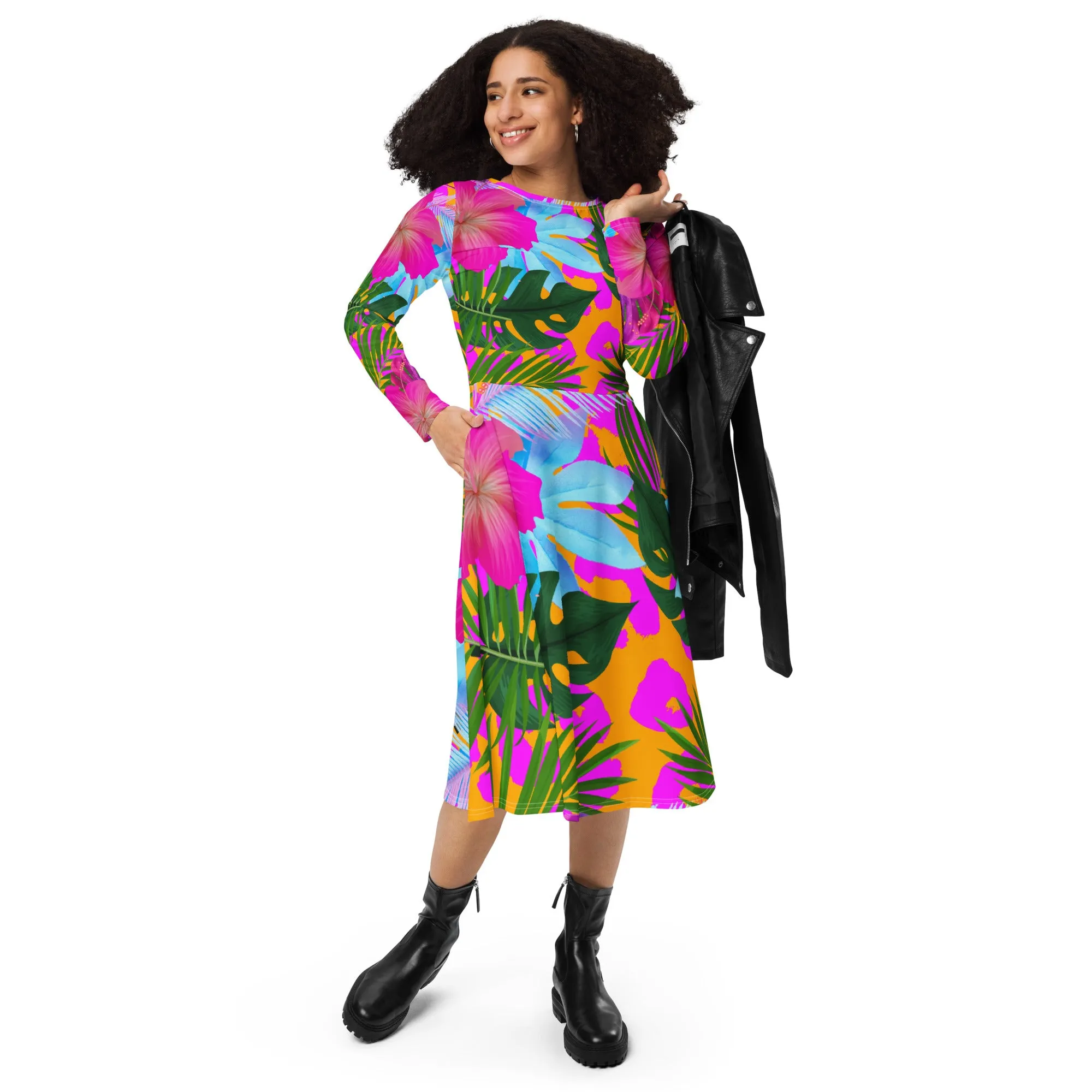 Tropical Floral Long Sleeve Midi Dress