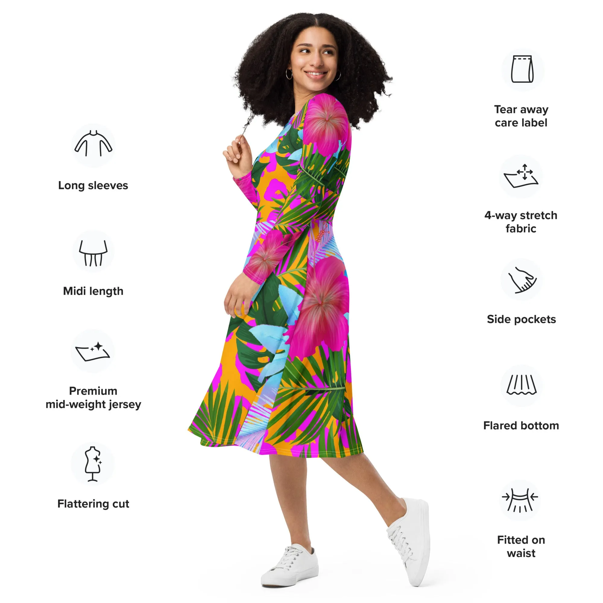 Tropical Floral Long Sleeve Midi Dress
