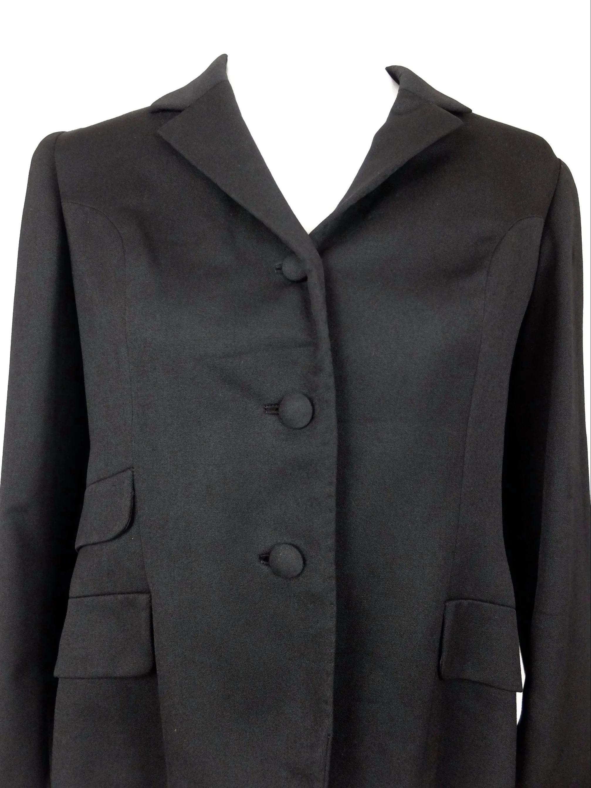Vintage 60s Mod Black Basic Collared Button Down Blazer Jacket with Padded Shoulders
