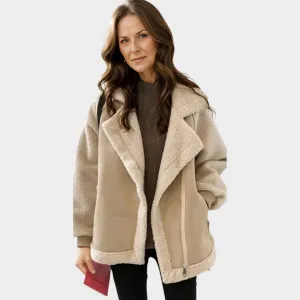 Women's Trendy Varsity Bomber Jacket  Thickened Fabric, Loose Fit, Harajuku Style, Winter Coat (Beige)