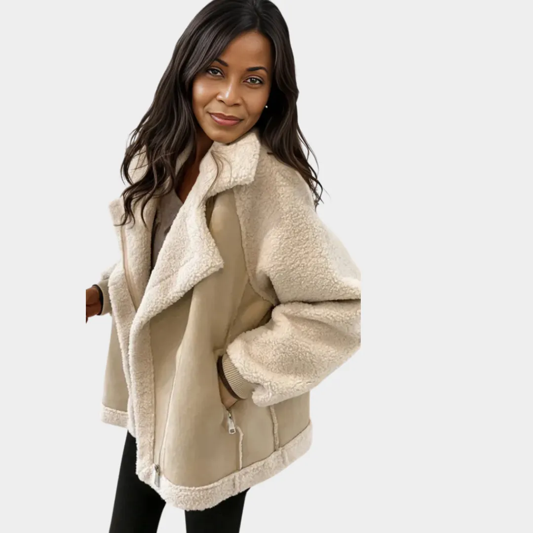 Women's Trendy Varsity Bomber Jacket  Thickened Fabric, Loose Fit, Harajuku Style, Winter Coat (Beige)