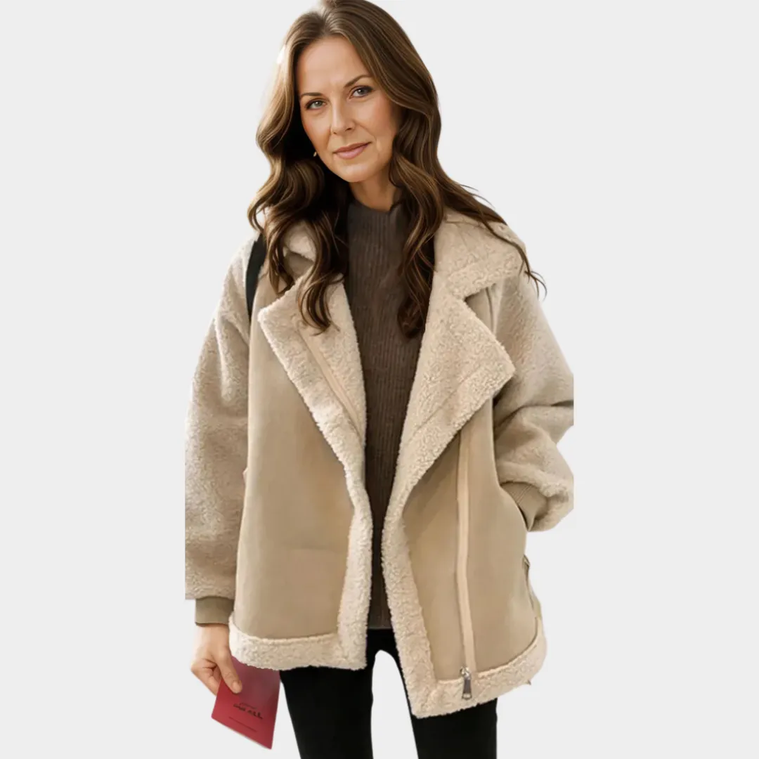 Women's Trendy Varsity Bomber Jacket  Thickened Fabric, Loose Fit, Harajuku Style, Winter Coat (Beige)