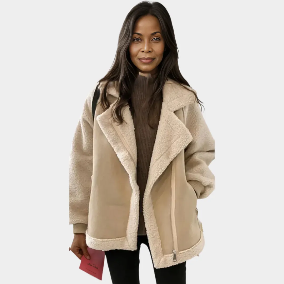 Women's Trendy Varsity Bomber Jacket  Thickened Fabric, Loose Fit, Harajuku Style, Winter Coat (Beige)