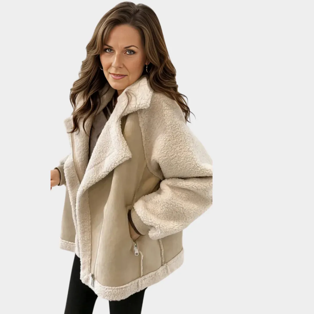 Women's Trendy Varsity Bomber Jacket  Thickened Fabric, Loose Fit, Harajuku Style, Winter Coat (Beige)